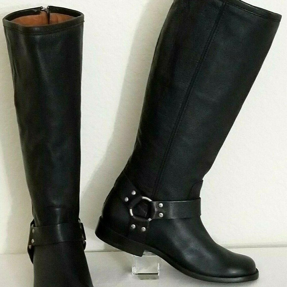 FRYE PHILLIP HARNESS EQUESTRIAN TALL RIDING BOOTS BLACK LEATHER ZIP 6.5 NWT - Picture 2 of 12